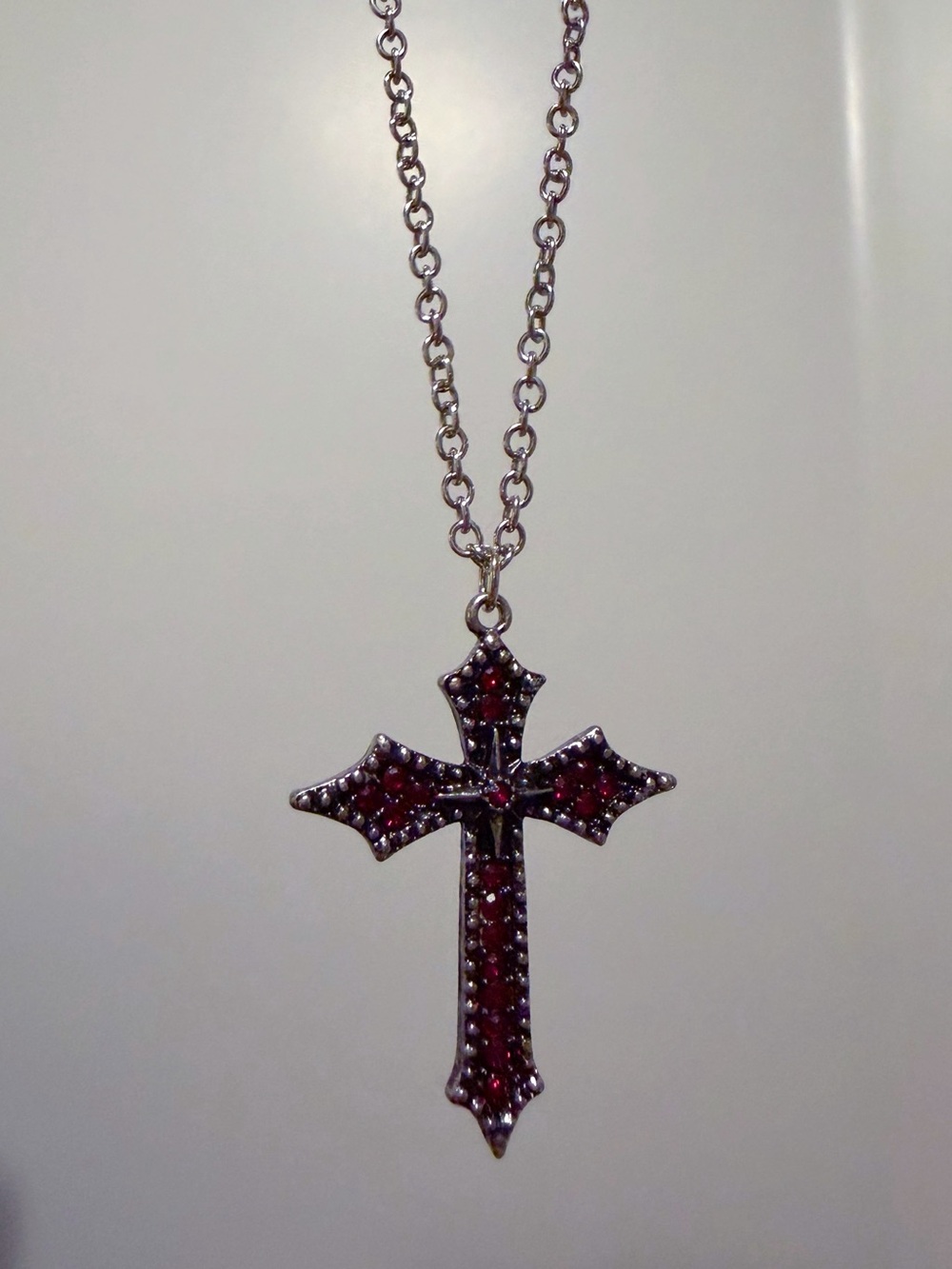 Hand Crafted Silver-Tone Cross Necklace with Red Crystals